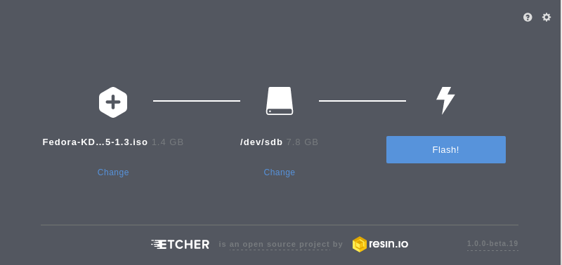Etcher burning the image in the USB drive