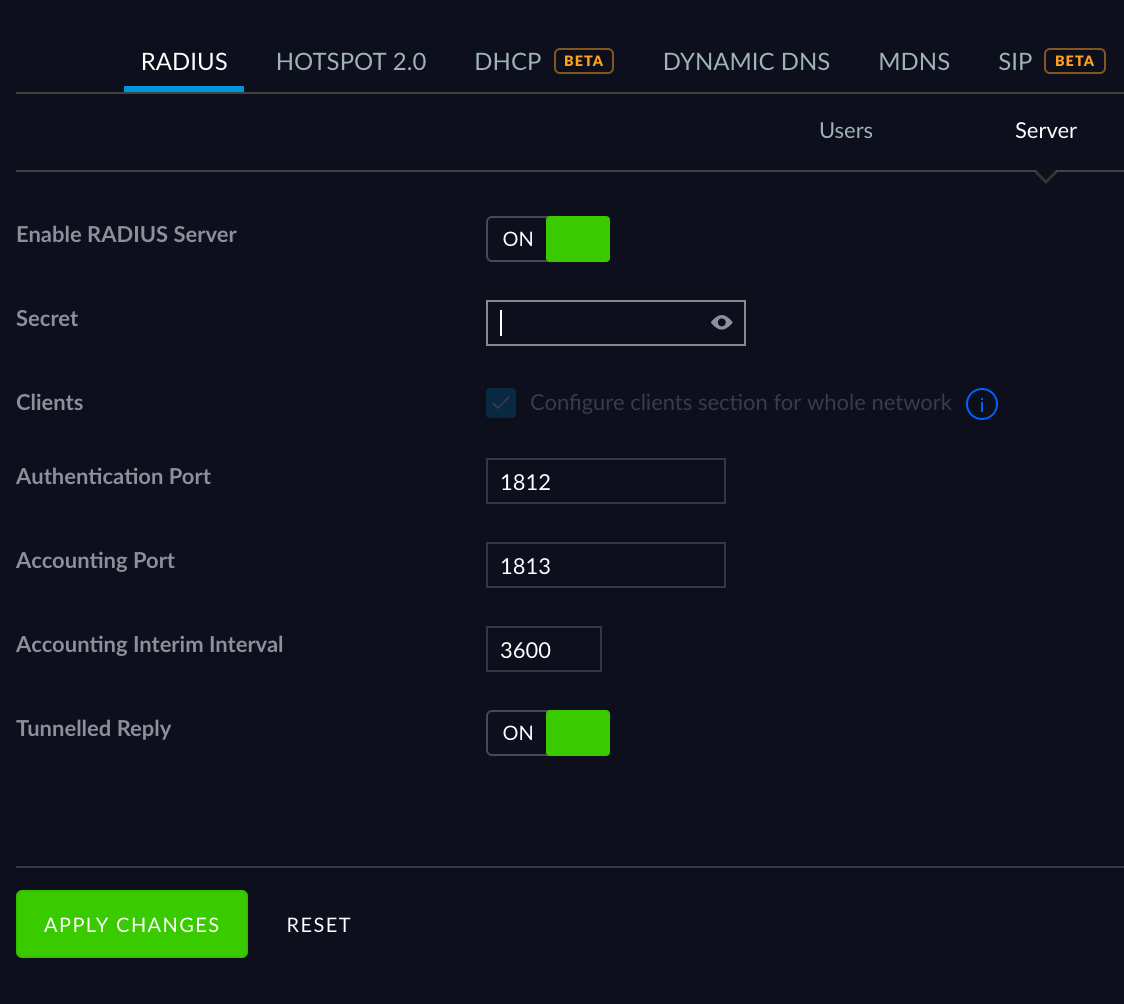 Unifi VPN setup: Radius service configuration